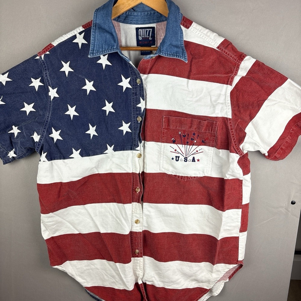 Vintage Y2K Quizz American Flag Shirt Womens Sz 20 USA Independence Day 250th